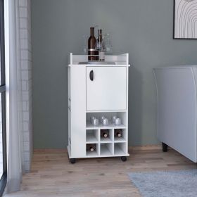 White 4-wheel bar cart cabinet for kitchen or living room, with 6 built-in bottle racks, 1 interior shelve, 2 side shelves