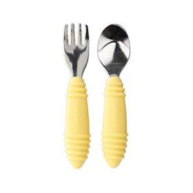 Bumkins Toddler Fork and Spoon Set, Stainless Steel & Silicone for 18 Mos+ (Pineapple)