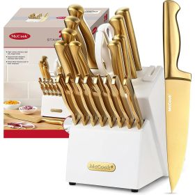 McCook Gold Kitchen Knife Sets,20 Pieces Luxury Golden Titanium Knife Block Set with Built-in Sharpener